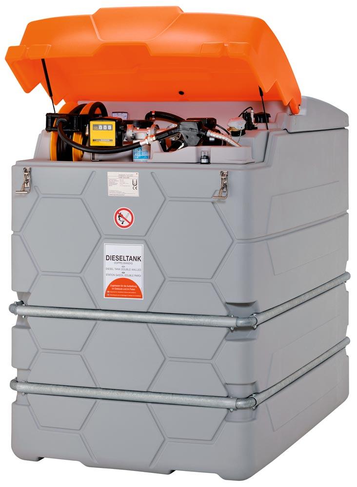 Dieseltankanlage, Außenaufstellung, Vol. 1000 l, 8 m Schlauch+Aufroller, Zähler, Gewicht 170 kg, mit Klappe, m. E-Pumpe 56 l/min