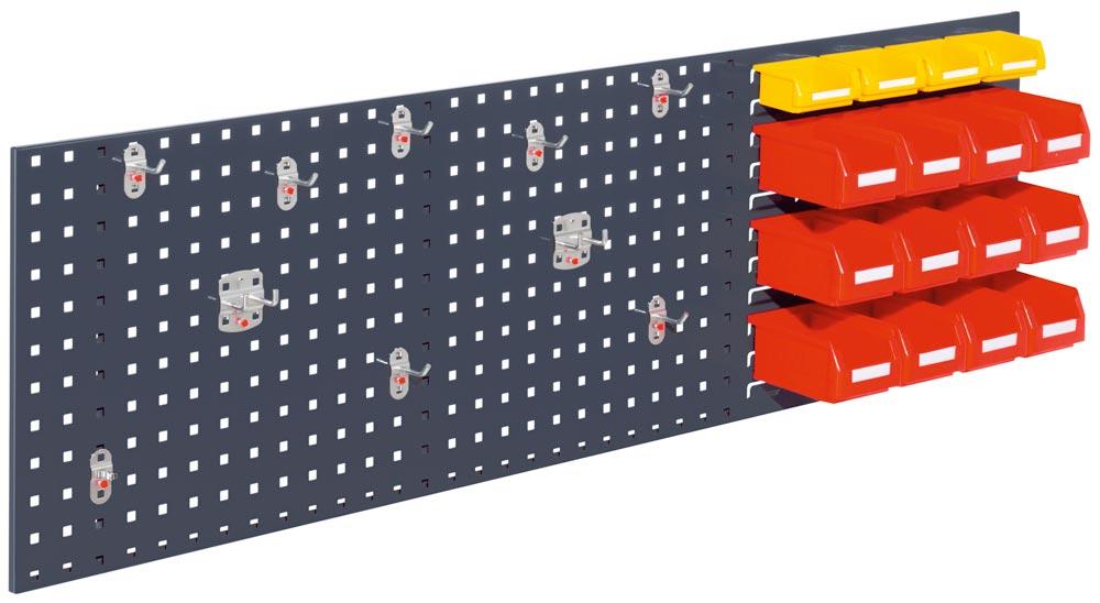 Einsteigerset, best. aus 1 Loch-/Schlitzplatte 1500x450 mm, 10-tlg. Werkzeughaltersort., 4 kl. + 12 gr. Lagersichtkästen, RAL 7016