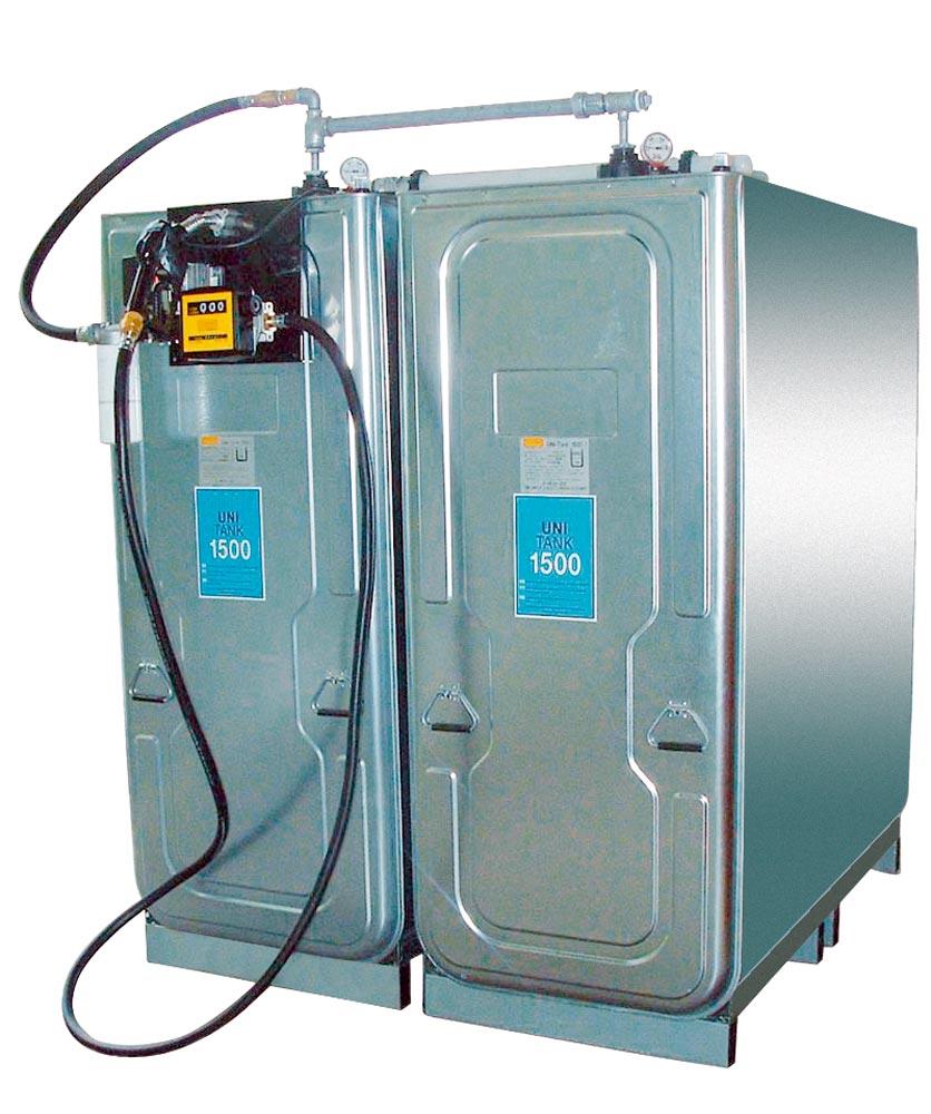 Dieseltankstation m. UNI 1500+E-Pumpe 50 l/min, Vol. 3000 l, 2xUNI 1500 l-Tank, BxTxH 2010x1570x2020 mm