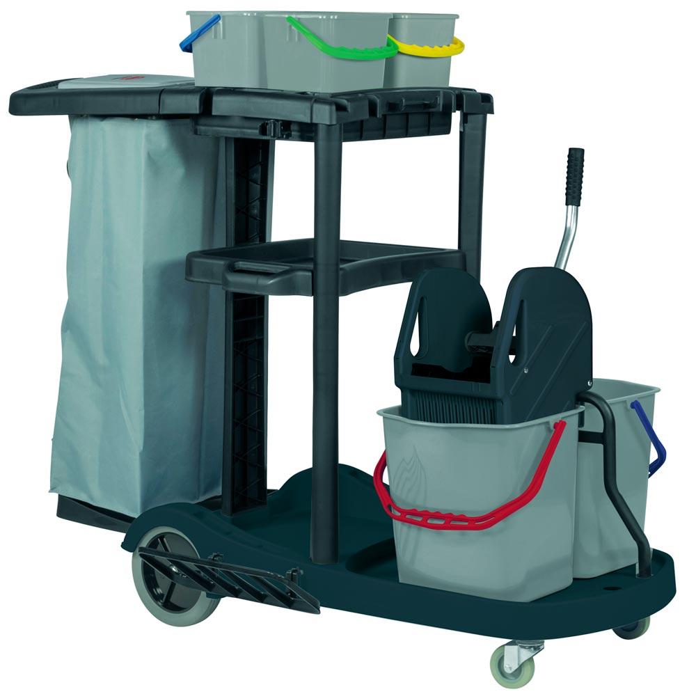 Servicewagen, 2xEimer 17 l,  Mopppresse, 4xEimer 4 l, Ablage für Mopp u. Besen, Wäsche-/ Müllsack inkl. Trennung mit Reißverschluss