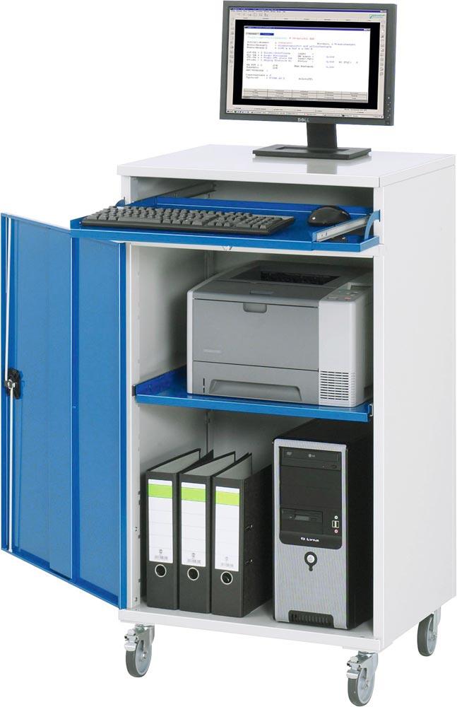 EDV-Schrank, BxTxH 650x520x1185 mm, 1 Auszugboden, 1 Tastenfach m. Klappdeckel, 1 Flügeltüre, RAL 7035/5010, fahrbar, 4 Lenkrollen