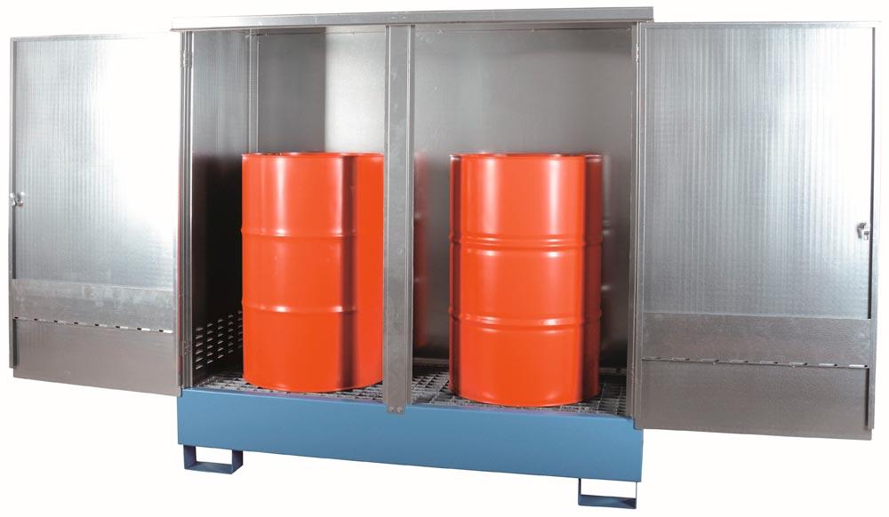 Auffangwanne mit Aufbau für 2x200l Fass, BxTxH 1760x750x1720  mm, Auffangvol. 220 l, lackiert, Aufbau verzinkt