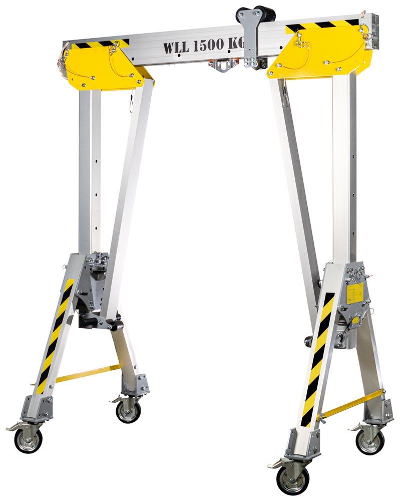 Aluminium-Schnellbau-Portalkran, 4 Seitenteile, fahrbar und klappbar, Traglast 1250 kg, Gesamtbreite 4000 mm, Gesamthöhe 2380-3780 mm
