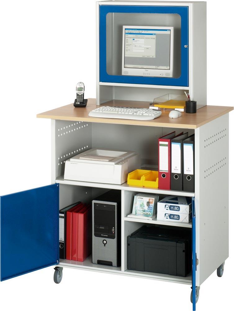 EDV-Schrank, Buche-Dekor-Platte 25 mm stark, fahrbar, links 1 Fach, rechts 2 Fächer, mit Monitorgeh. T 300 mm, BxTxH 1000x800x1100 mm, RAL 7035/5010