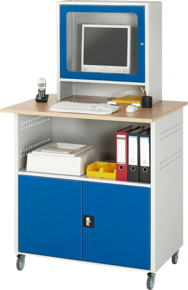 EDV-Schrank, Buche-Dekor-Platte 25 mm stark, fahrbar, links 1 Fach, rechts 2 Fächer, mit Monitorgeh. T 300 mm, BxTxH 1000x800x1100 mm, RAL 7035/5010