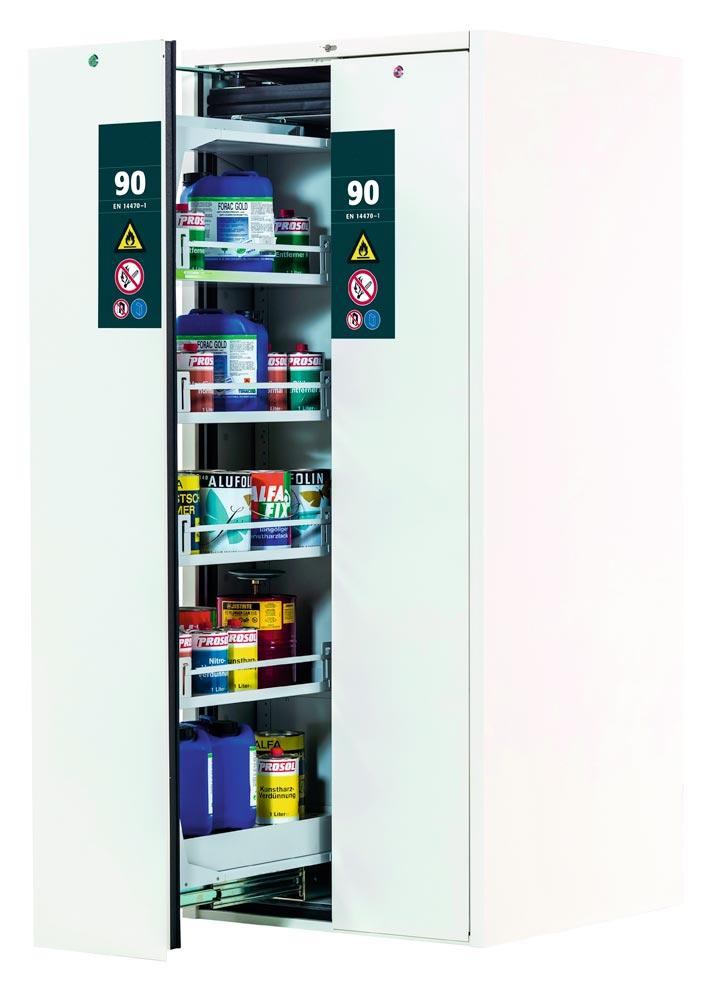 Sicherheitsschrank mit Vertikalauszug, Typ 90, BxTxH 450x860x1966 mm, 8xFachböden, 2xLochblecheinsätze, 2 Bodenwannen, ähnl. RAL 9016 laborweiß