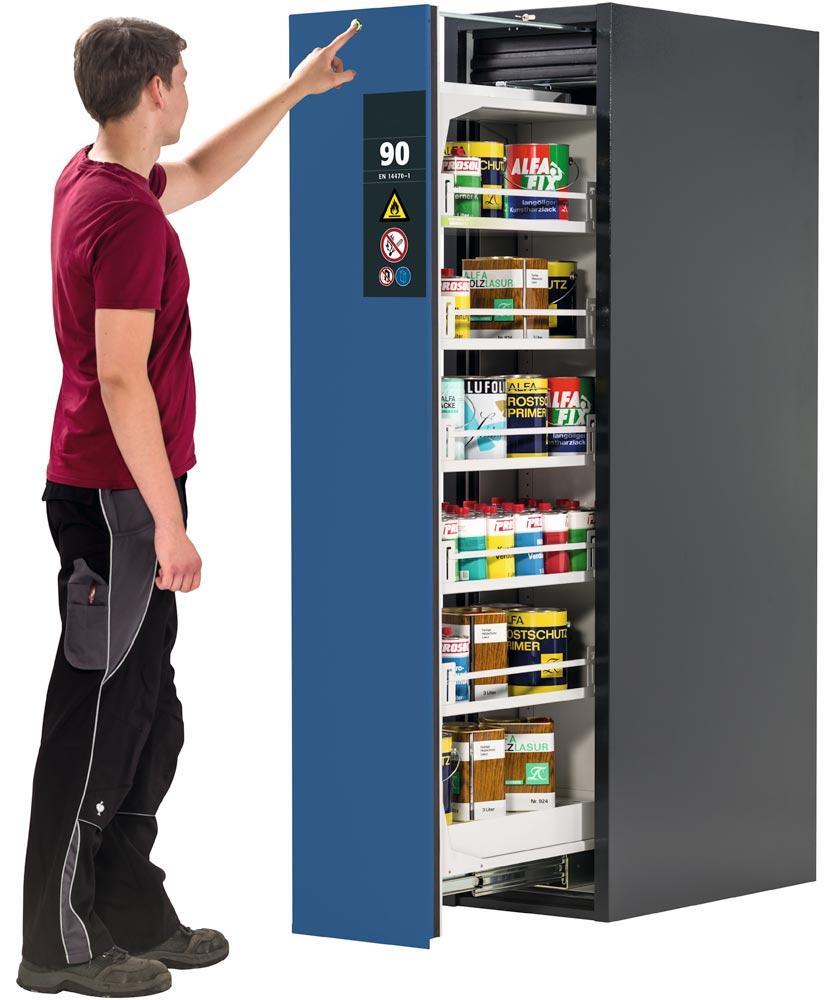 Sicherheitsschrank mit Vertikalauszug, Typ 90, BxTxH 450x860x1966 mm, 4xFachboden, 1xLochblecheinsatz, 1 Bodenwanne, RAL 7035