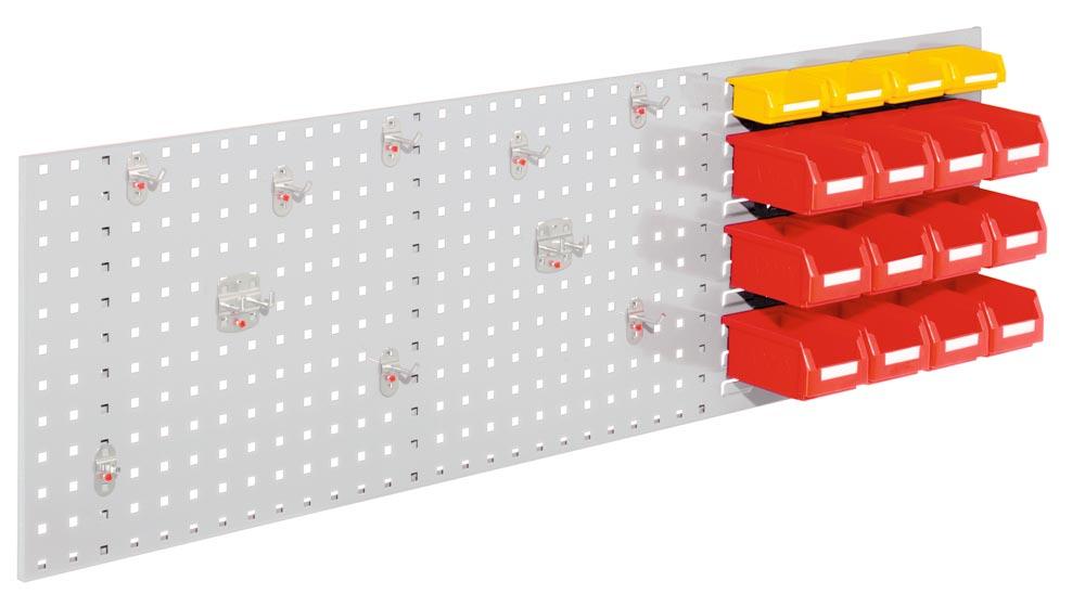 Einsteigerset, best. aus 1 Loch-/Schlitzplatte 1500x450 mm, 10-tlg. Werkzeughaltersort., 4 kl. + 12 gr. Lagersichtkästen, RAL 7035