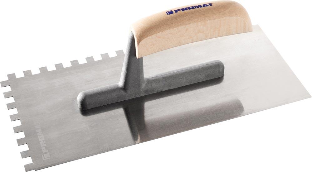 Glättekelle Länge 280 mm Breite 130 mm Zahnung 8x8 gehärtet, m. Buchenholzheft Stahl Stärke 0,7 mm