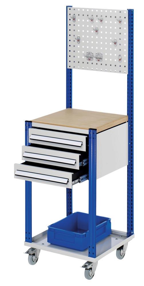 Workstation fahrbar, Arbeitplatte Buche-Multiplex, Schitzplatte, 3 Schubladen je 100 mm hoch, BxTxH 500x500x1730 mm, RAL 7035/5010