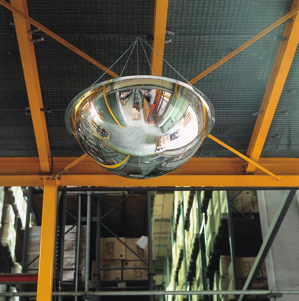 Halbkugelspiegel für den Innenbereich, Blickwinkel 360 Grad, aus Acrylglas, Spiegeldurchm. 900 mm, max. Beobachterabstand 5 m