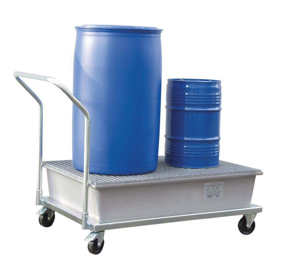 Fahrbare Auffangwanne aus GFK, Verz. Gitterrost, Fahrgestell mit Rammschutz, 2 Lenk- und 2 Bockrollen, Auffangvolumen 210 l, BxTxH 860x1090x1080 mm