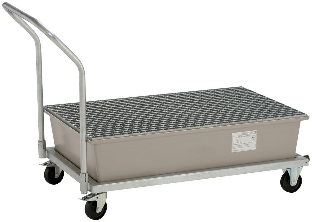 Fahrbare Auffangwanne aus GFK, Verz. Gitterrost, Fahrgestell, Schiebebügel, 2 Lenk- und 2 Bock rollen, Auffangvolumen 220 l, BxTxH 860x1520x1080 mm