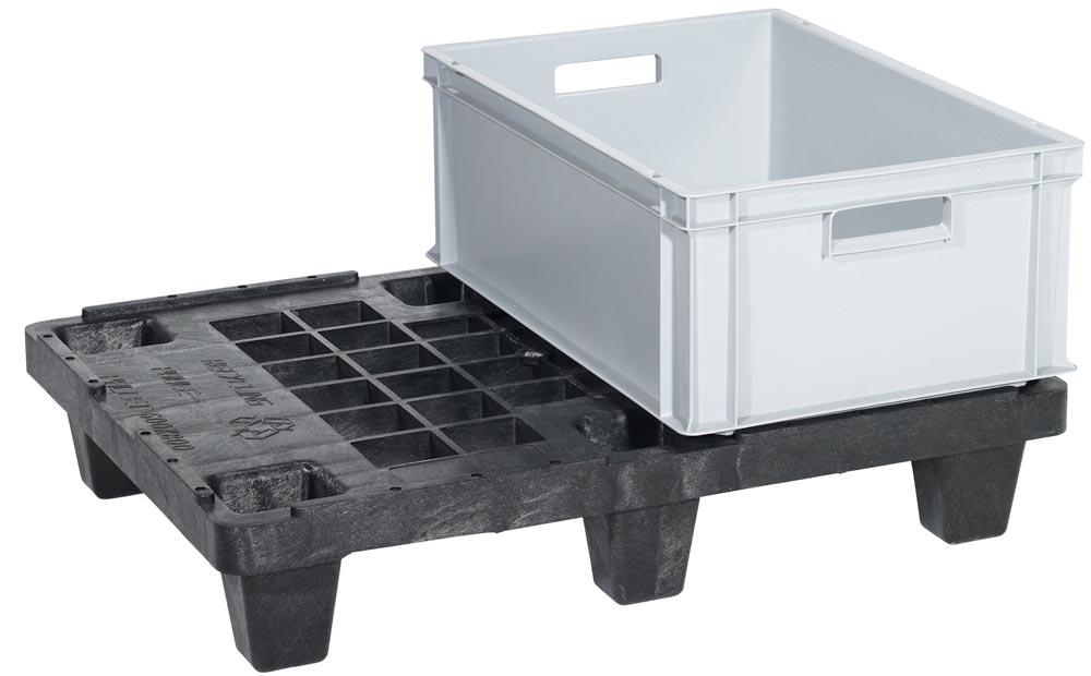 Displaypalette, BxTxH 600x800x155 mm, durchbrochen, 6 Füße, stapelbar, Recyl. Polyethylen, schwarz, mit Rand, MINDESTABNAHME 2 Stück