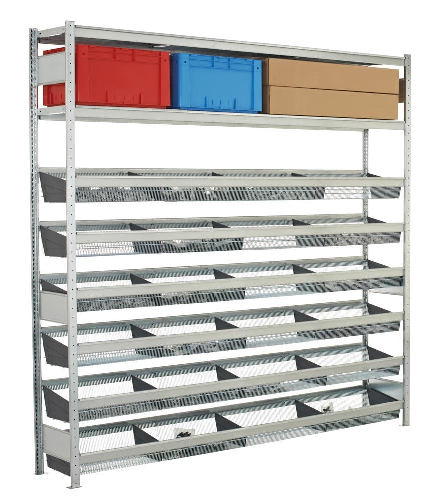 Kleinteileregal mit Gitterkörben, Anbaufeld, verzinkt, BxTxH 1500x400x2000 mm, 6 Ebenen Gitterkörbe, 1 Fachbodenebene, Fachlast 400 kg