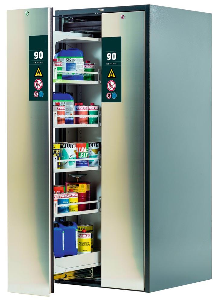 Sicherheitsschrank mit Vertikalauszug, Typ 90, BxTxH 819x860x1966 mm, 8xFachboden, 2xLochblecheinsatz, 2 Bodenwannen, RAL 7016/Edelstahl