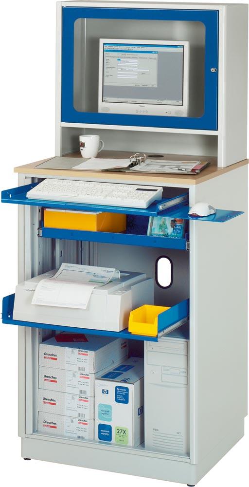 EDV-Schrank mit Monitorgehäuse für Flachbildschirm (T300 mm), stationär, BxTxH 720x660x1810 mm, RAL 7035/5010