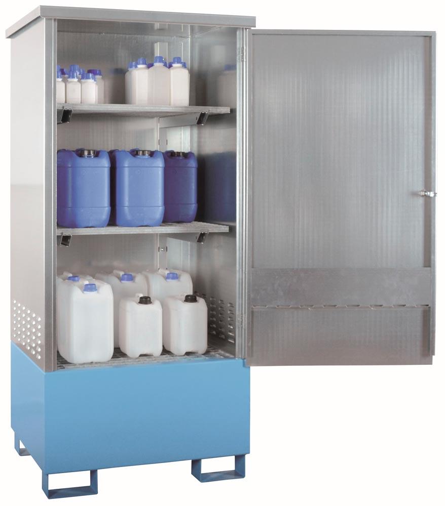 Auffangwanne mit Aufbau für Kleinmengen, BxTxH 900x750x1900  mm, Auffangvol. 220 l, lackiert, Aufbau verzinkt