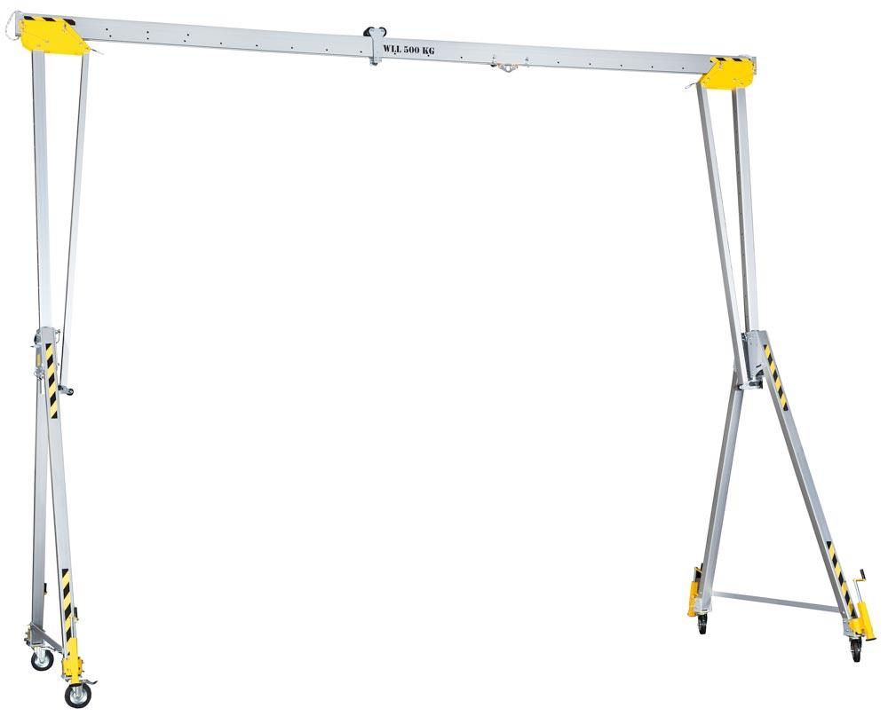 Aluminium-Schnellbau-Portalkran, 5 Seitenteile, fahrbar und klappbar, Traglast 1000 kg, Gesamtbreite 5000 mm, Gesamthöhe 1780-2380 mm