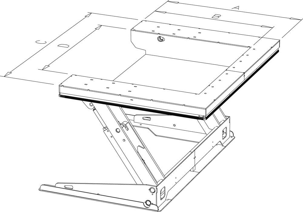 Hub-Neigegerät, Traglast 1500 kg, U-Form-Tischplatte LxB 1200x1270 mm, Nutzhub 820 mm, Bauhöhe 6 mm, Motor 400 V / 0,75 kW