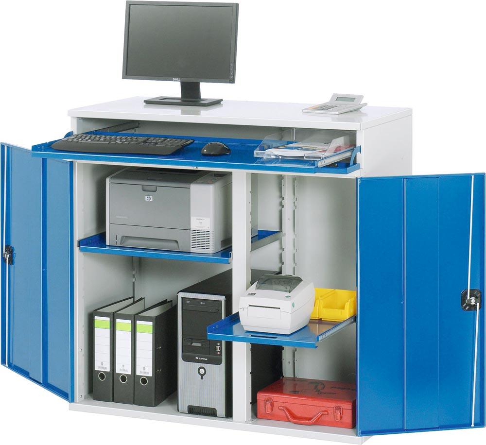 EDV-Schrank mit Mittelwand, BxTxH 1100x520x1060 mm, 1 Tastaturfach mit Klappdeckel, 2 Auszugböden, 2 Flügeltüren RAL 7035/5010, stationär