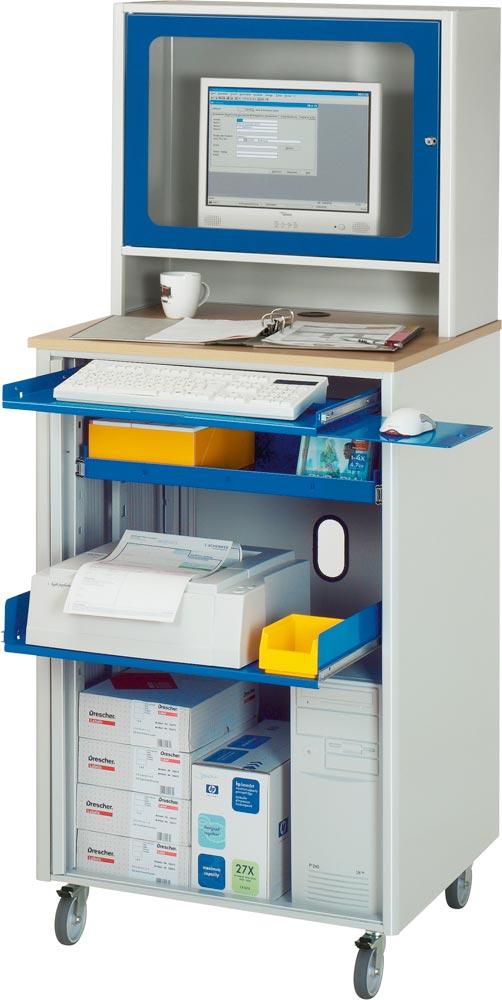 EDV-Schrank mit Monitorgehäuse für Flachbildschirm (T300 mm), mobil, BxTxH 720x660x1810 mm, RAL 7035/5010