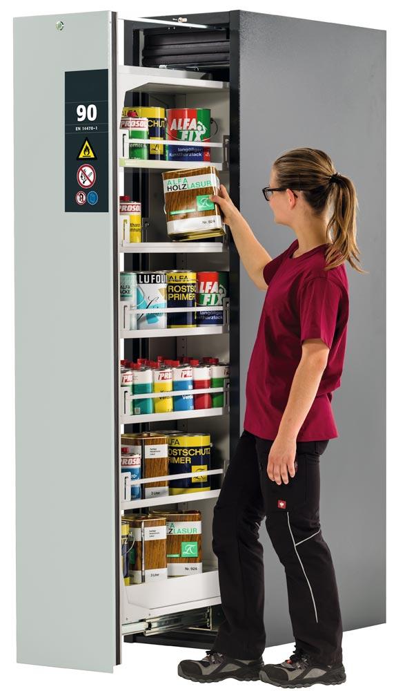 Sicherheitsschrank mit Vertikalauszug, Typ 90, BxTxH 450x860x1966 mm, 4xFachboden, 1xLochblecheinsatz, 1 Bodenwanne, RAL 7016/7035